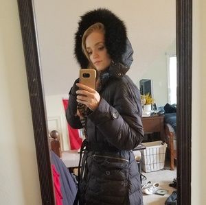 Burberry long goose down black parka, fox fur trim